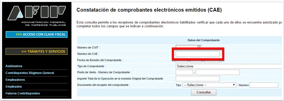 completa el CAE de la factura emitida, y el resto de los campos que te solicita el sitio
