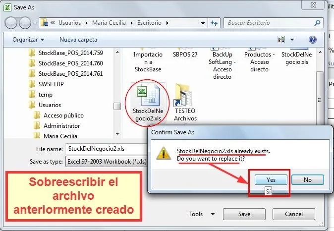 Luego elige el archivo creado para sobreescribirlo el stock exportado