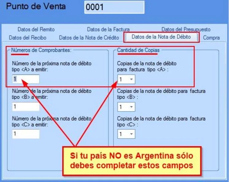 Datos a ingresar en pestaña Nota de debito de puntos de ventas