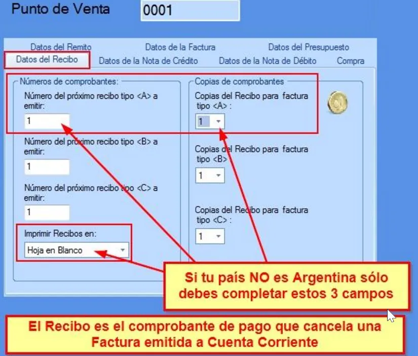 Datos a ingresar en recibo puntos de ventas
