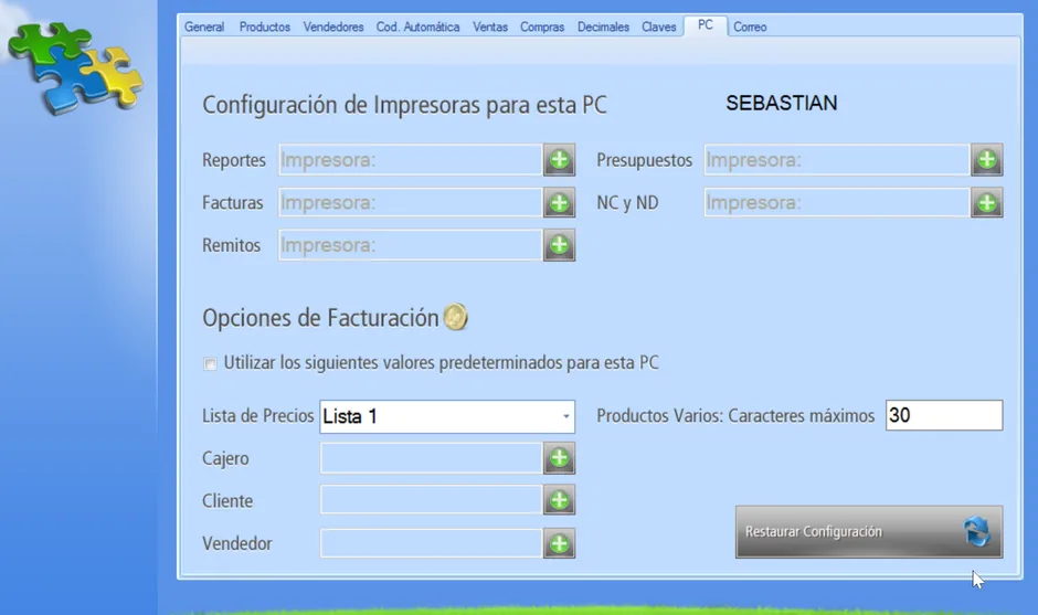 Pestaña PC donde establecer parámetros para el módulo de facturación