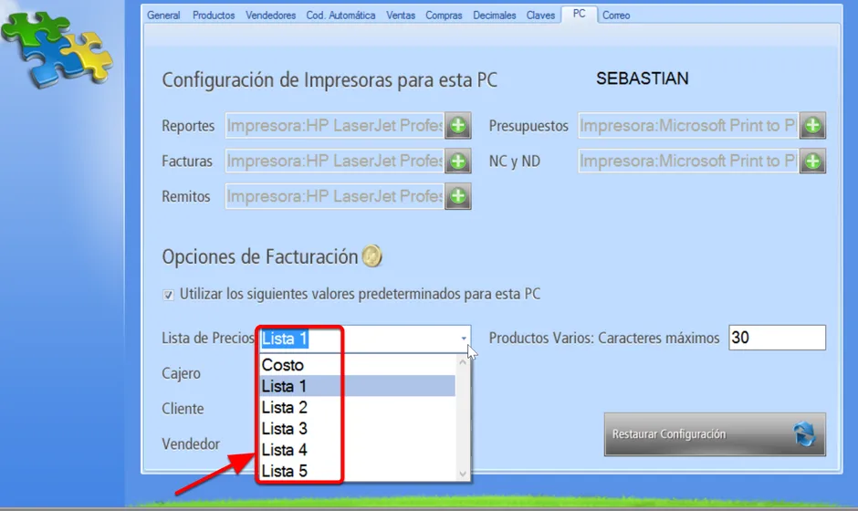 Predeterminar una Lista de Precios para usar en los comprobantes de ventas