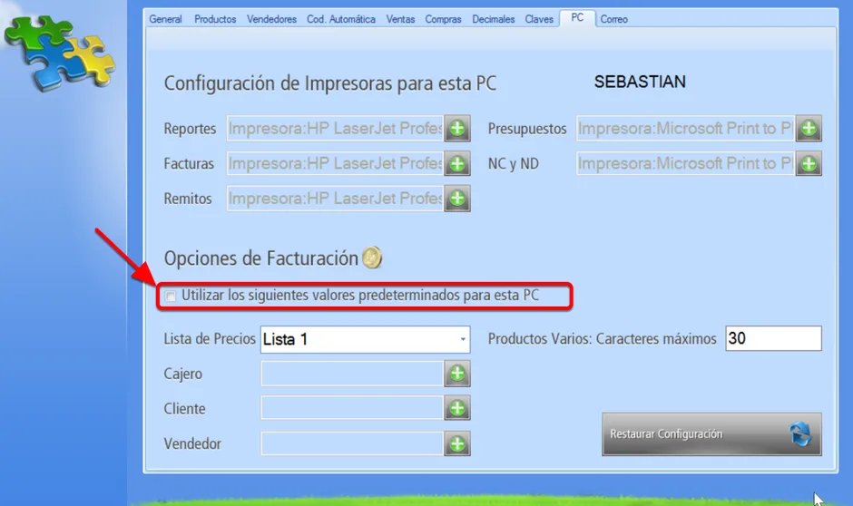 Desde esta casilla de verificación se habilita el uso de valores predeterminados para la facturación