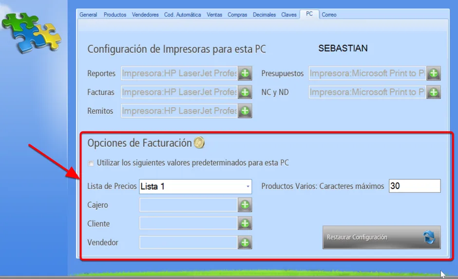 Sector para predeterminar valores fijos para lograr una facturación más rápida