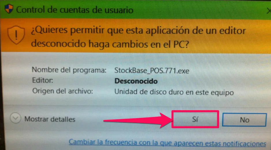 Dale clic a la opción Sí a los derechos de administrador de windows