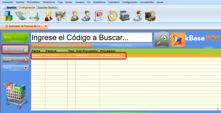 finalmente, puedes ver el explorador de compras, con la factura ingresada y el impuesto seleccionado