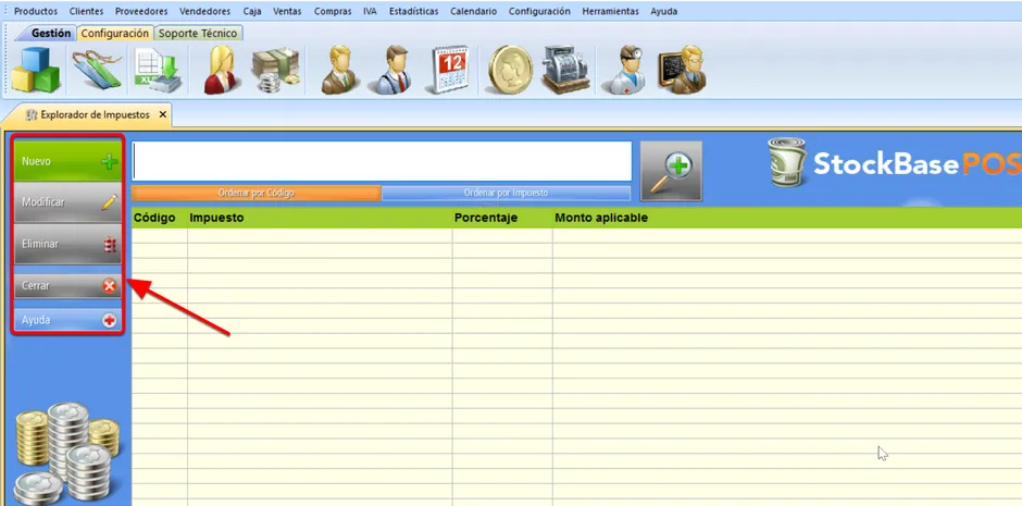 A la izquierda del explorador puedes ver un menú con las opciones Nuevo, Modificar, Eliminar, cerrar y ayuda
