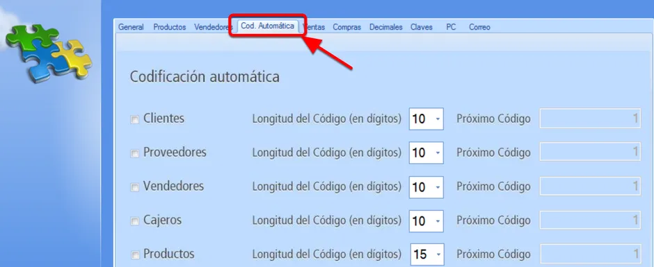 Pestaña codificación automática
