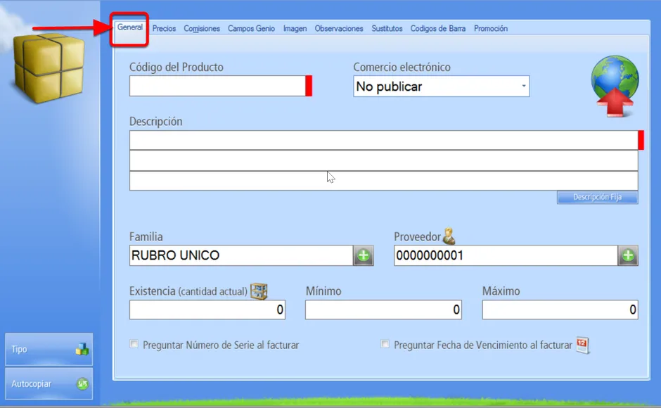 Código del producto en pestaña genera