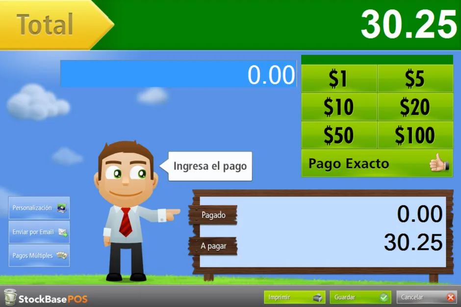 Ingresa el pago de tu cliente y luego presiona el botón "Aceptar" para imprimir el comprobante