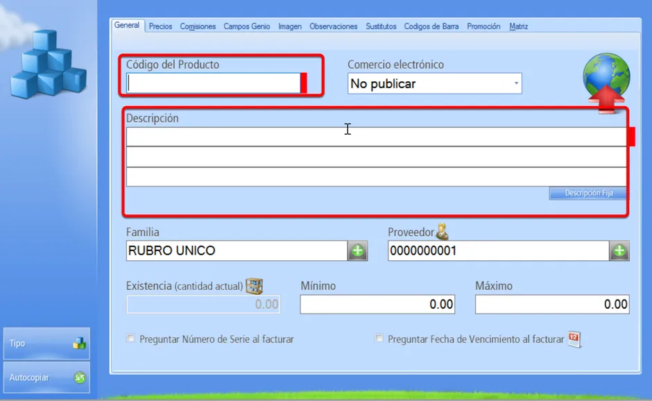Campos Código y Descripción del Producto