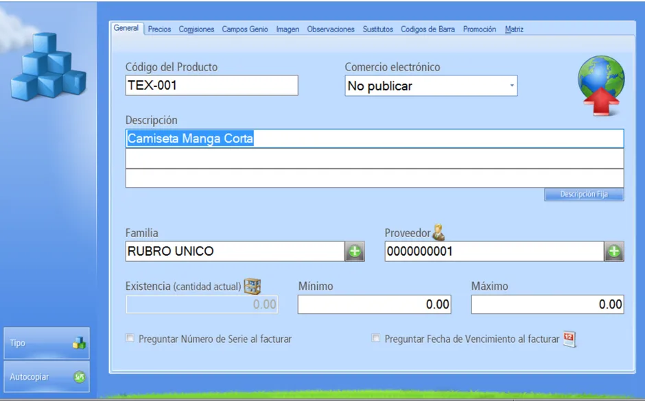 Pestaña General del Registro de un Producto Tipo Matriz