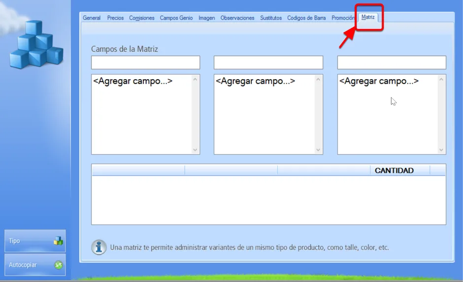 Pestañas del Registro de un producto tipo Matriz