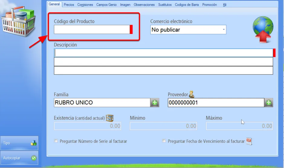 Campos Código y Descripción del Producto