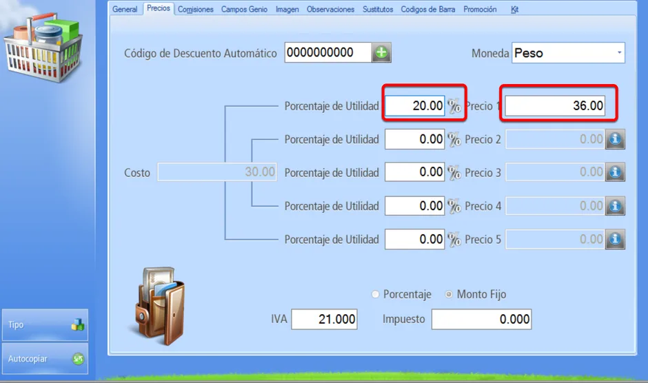 Asinando los porcentajes de utilidad, éstos se aplicarán sobre el costo para crear el Precio de venta