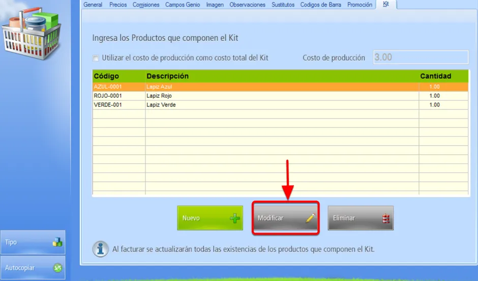 Ventana integrantes del Kit botón "Modificar" cantidad de cada producto integrante del Kit