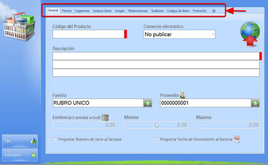 Pestañas del Registro de un Kit
