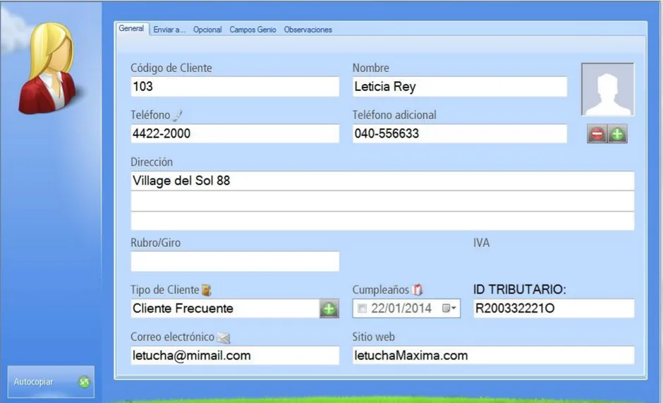 La pestaña General guarda datos básicos del cliente
