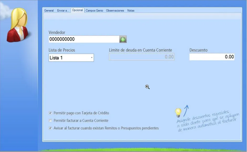 Opciones para aplicar al Cliente