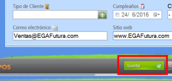 Presionando el botón "Guardar" los datos quedan grabados en la base de datos de clientes