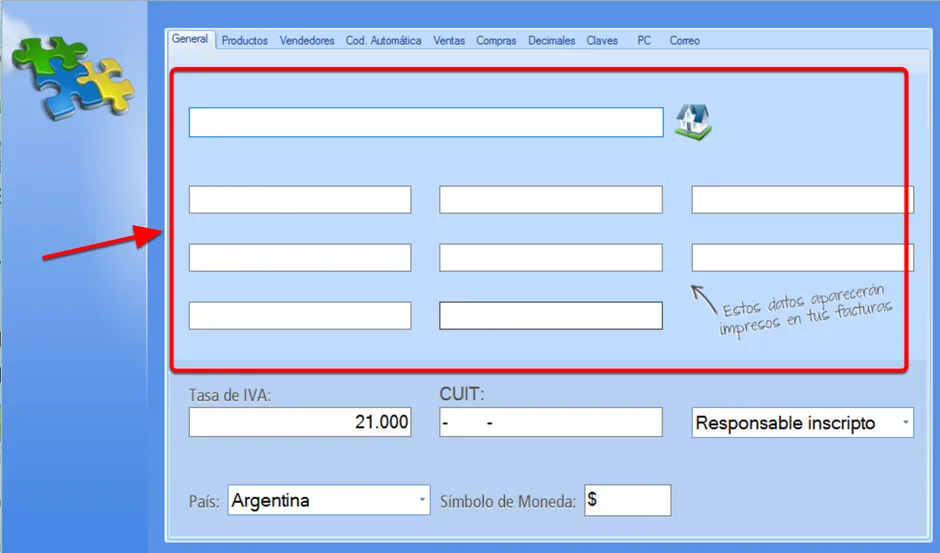 Deja los campos en blanco para que no figuren datos de tu empresa en los comprobantes impresos