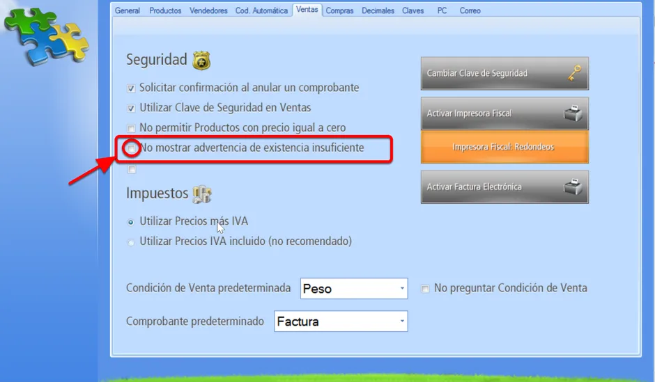 Debes desactivar la casilla para Habilitar la notificación de existencia insuficiente para facturar
