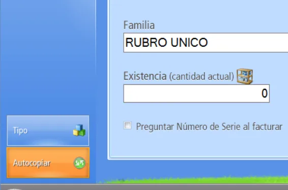 Botón Autocopiar del registro de Nuevo Producto