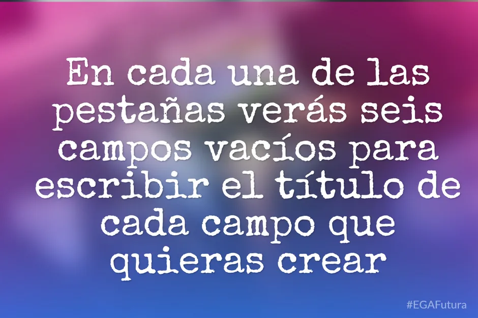 En cada una de las pestañas verás seis campos vacíos para escribir el título de cada campo que quieras crear.