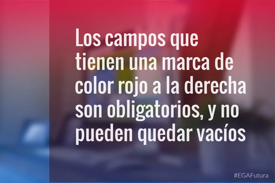 Los campos que tienen una marca de color rojo a la derecha son obligatorios, y no pueden quedar vacíos