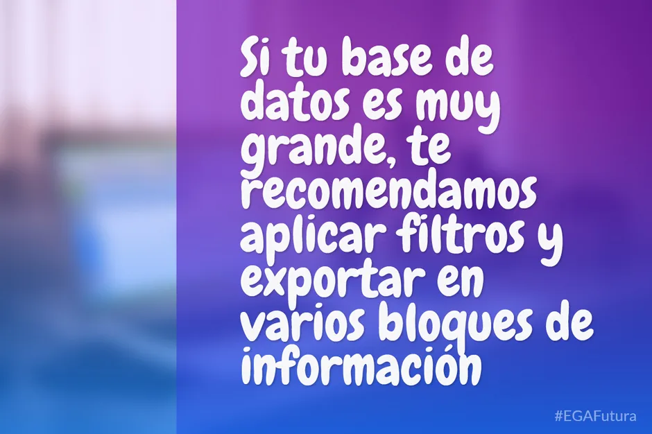Si tu base de datos es muy grande, te recomendamos aplicar filtros y exportar en varios bloques de información