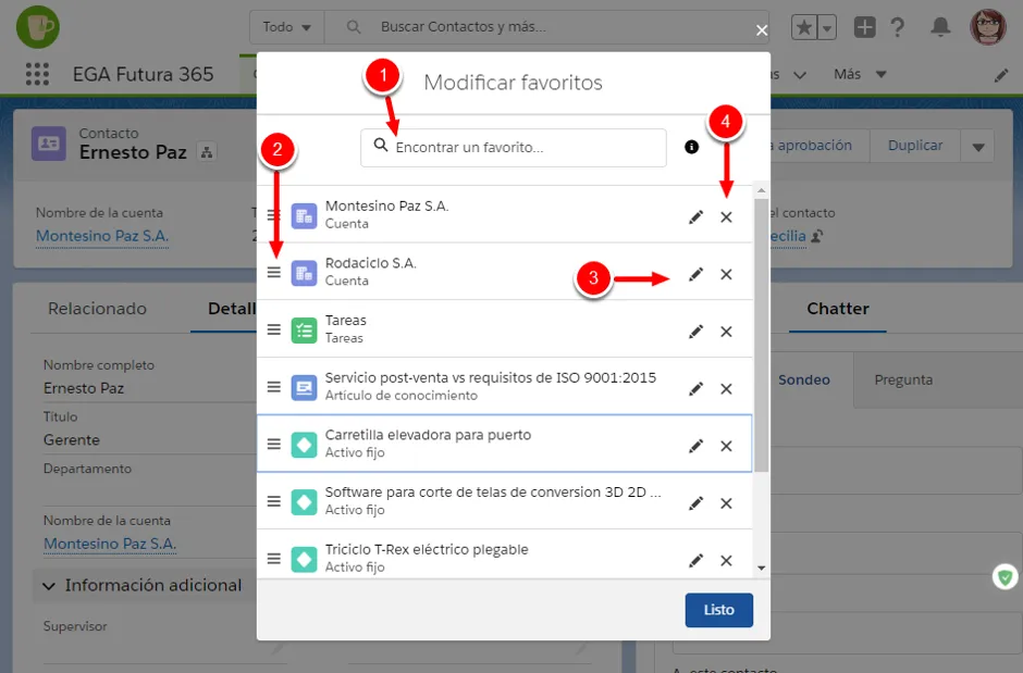 En la ventana modificar favoritos podemos realizar multiples acciones sobre la lista de favoritos