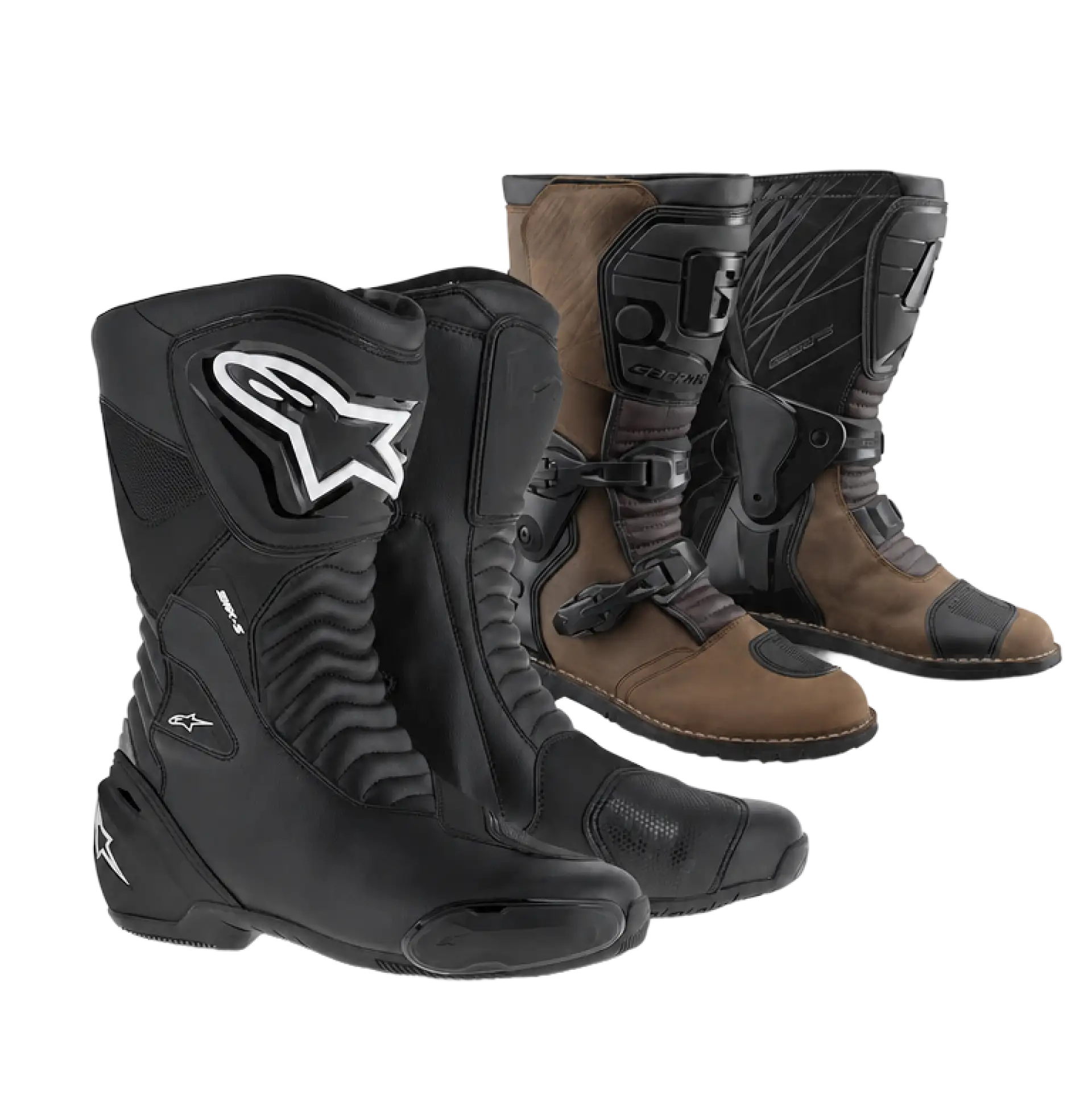 Hire boots: a pair of black Alpinestars sport-touring boots beside a pair of brown leather adventure boots