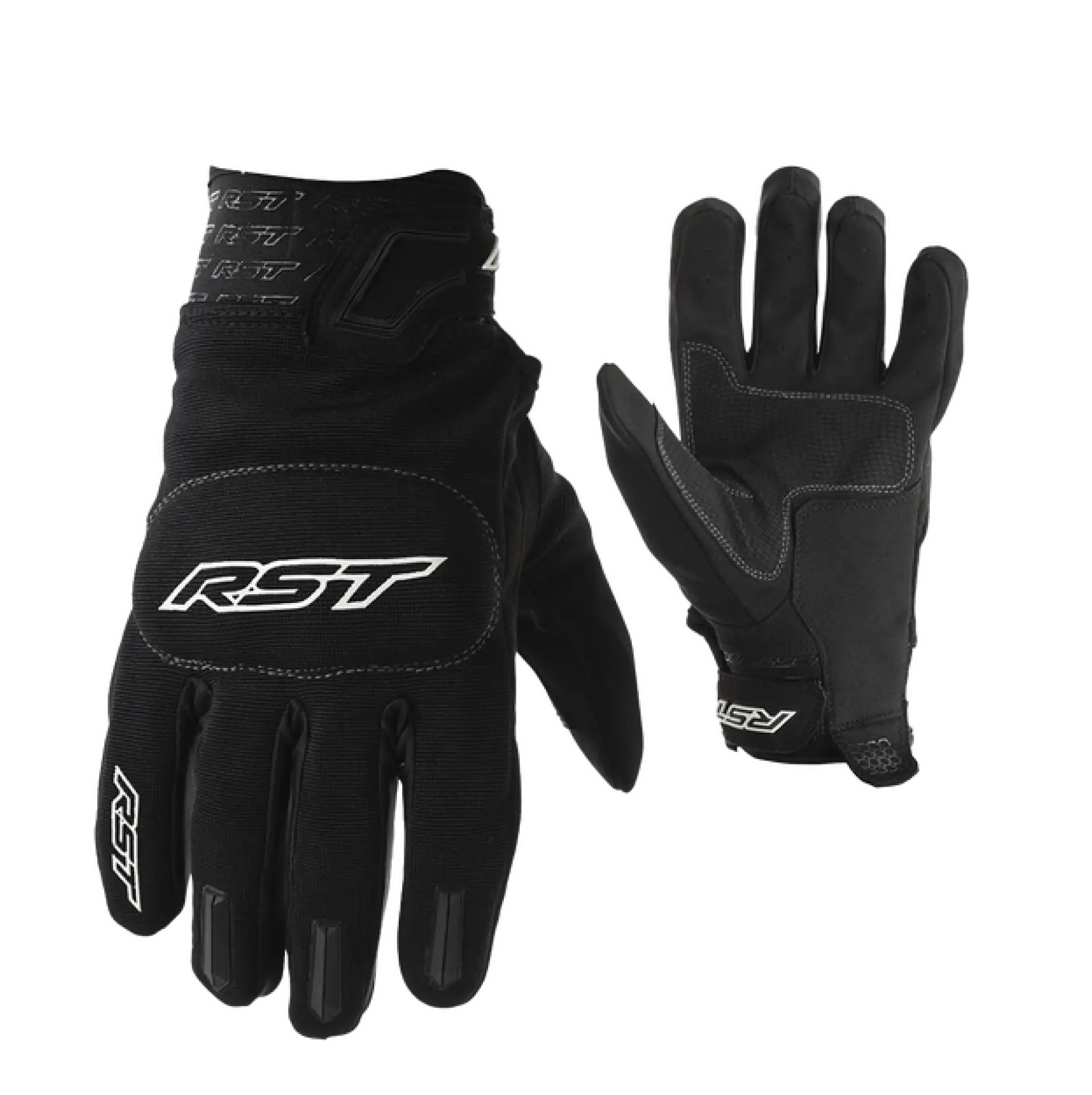 Pair of black RST textile motorcycle gloves, shown back and palm, with knuckle protection