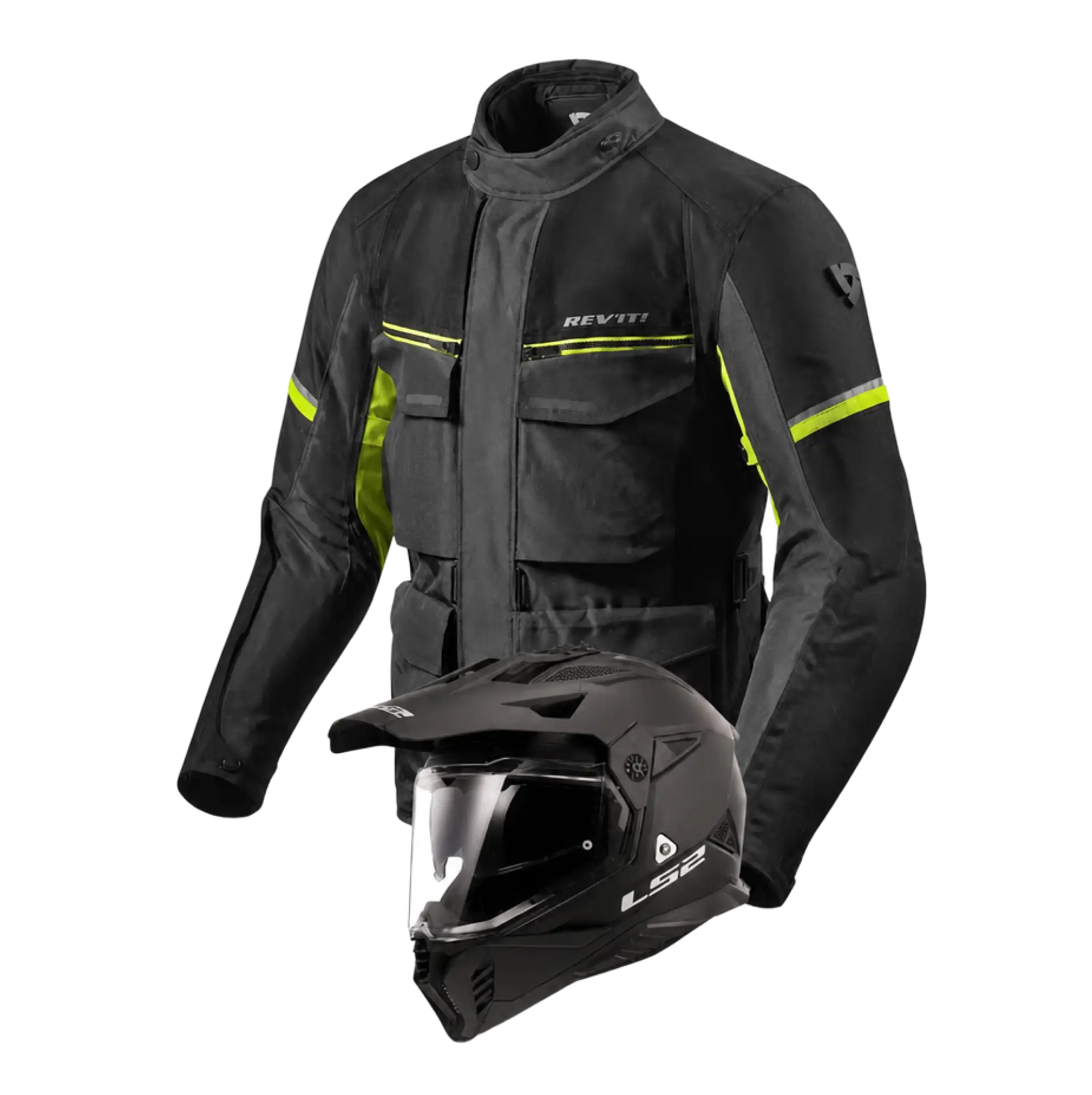Essential gear pack: black REV'IT textile riding jacket with hi-vis yellow accents, and a black LS2 adventure helmet