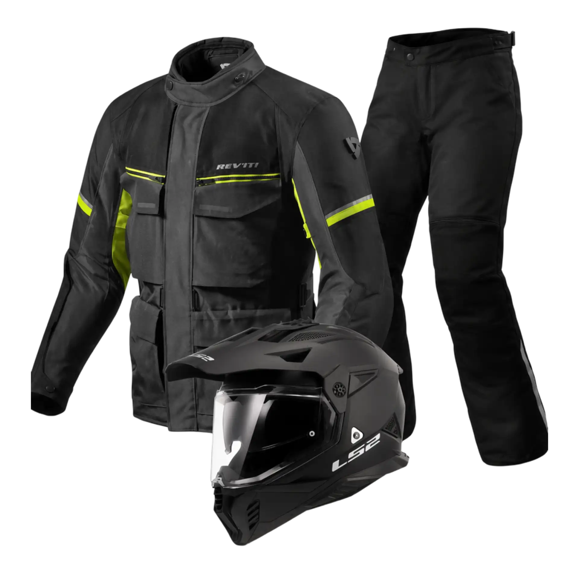 Touring gear pack: black REV'IT riding jacket, matching riding trousers and a black LS2 adventure helmet