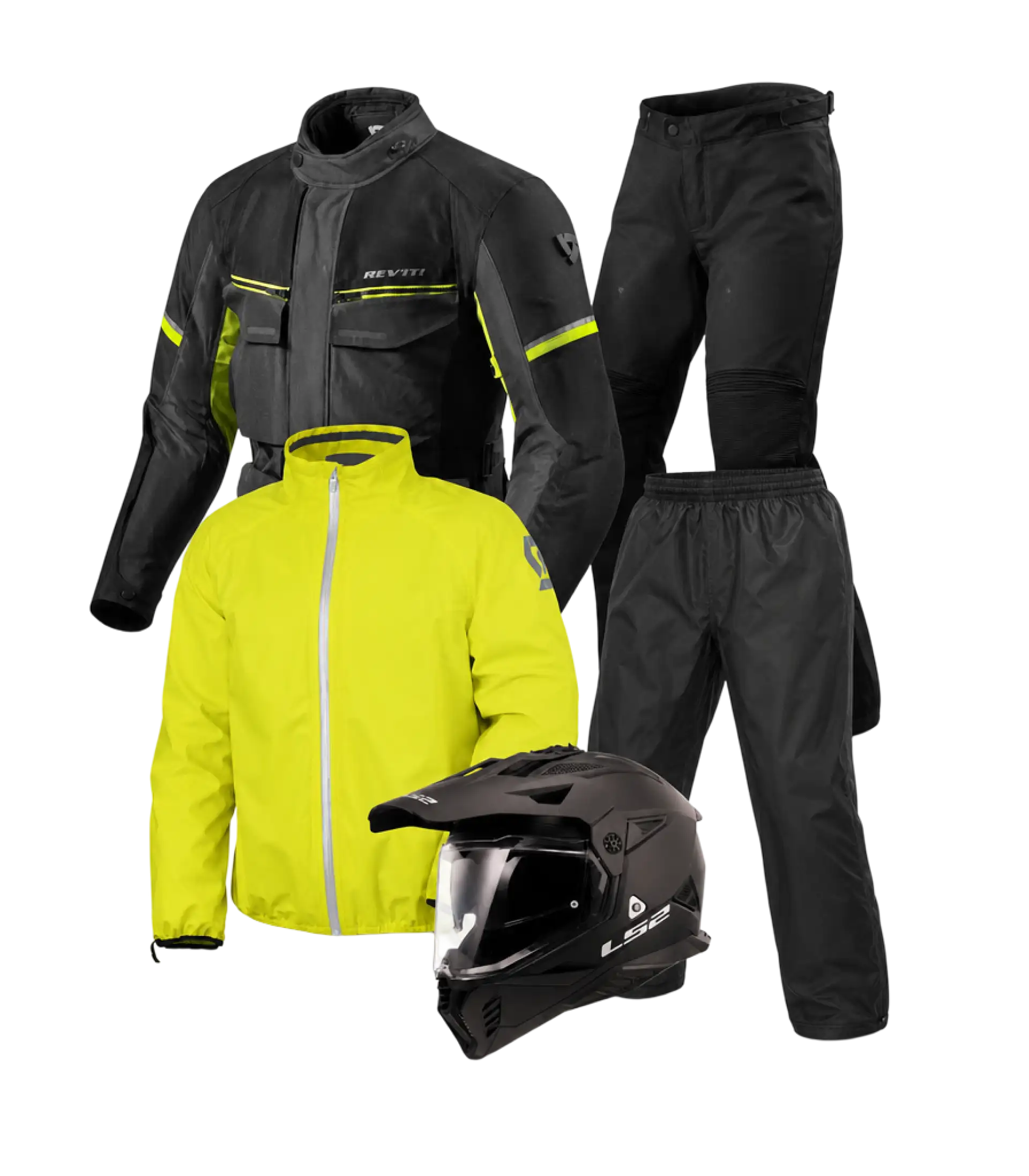 Wet-weather gear pack: hi-vis yellow waterproof over-jacket and waterproof overtrousers layered over a black riding jacket and trousers, with a black LS2 helmet