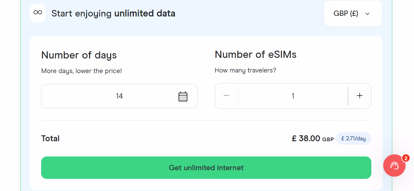 more example pricing of holalfy esim for colombia