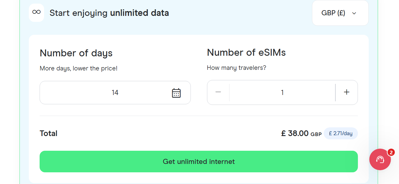 more example pricing of holalfy esim for colombia