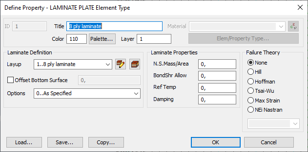 Диалоговое окно задания свойств композитных конечных элементов Define Property - LAMINATE PLATE Element Type