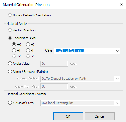 Диалоговое окно Material Orientation Direction для определения ориентации материала в композитных элементах в Siemens Femap