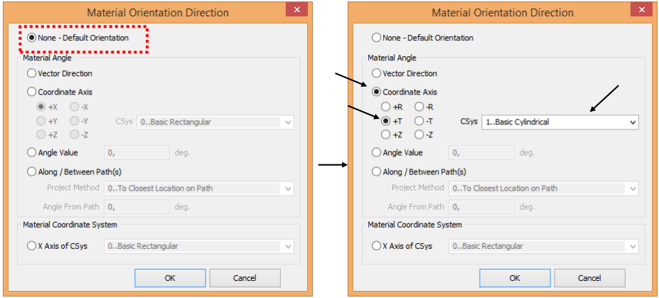 Выбор направления ориентации материала в диалоговом окне Material Orientation Direction