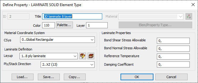 Выбор критерия разрушения композита в диалоговом окне Define Property - LAMINATE SOLID Element Type