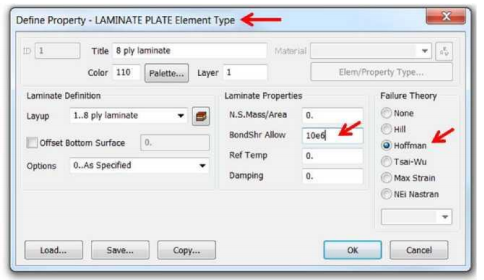 Задание свойств композита с выбором критерия разрушения Хоффмана для расчета критериев разрушения на уровне слоя и для всего пакета siemens femap