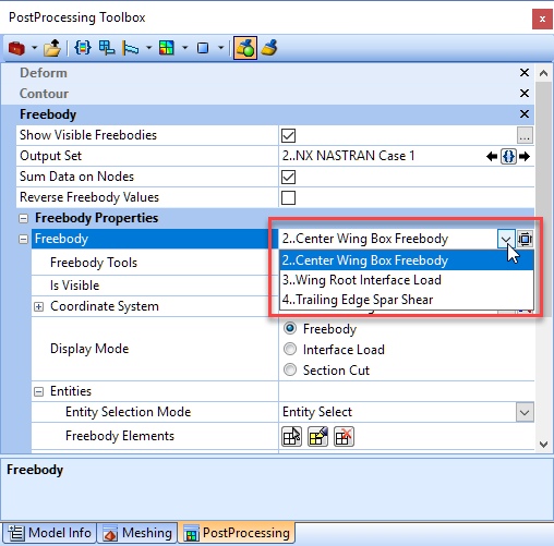 Переключение между активными Freebody в панели PostProcessing Toolbox femap nastran