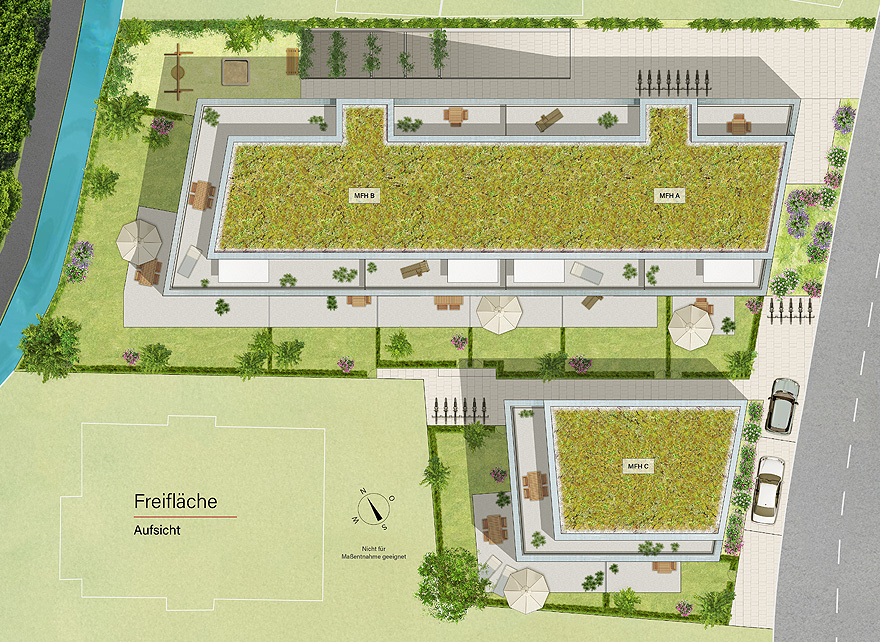 Aufsicht - Freiflächenplan des Greenside Living Areals