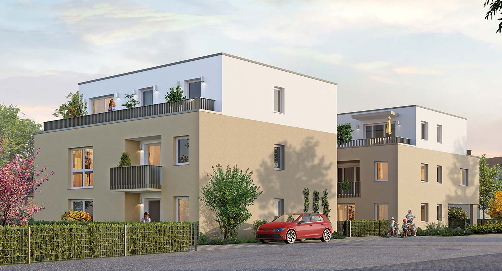 Ansicht eines Teils des Ensembles im Parkareal von Greenside Living