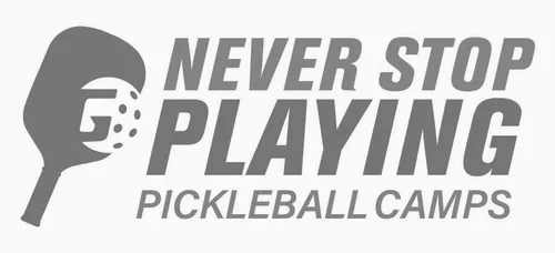 Logo with a pickleball paddle and ball next to the bold text 'Never Stop Playing' and smaller text 'Pickleball Camps'.