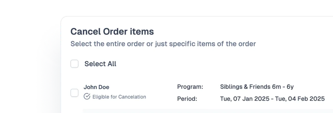 Easy cancellation workflow for managing full bookings or specific items like classpacks and products—all in one place.