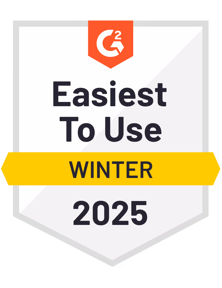G2 badge for Easiest To Use in Winter 2025 with G2 logo on top.