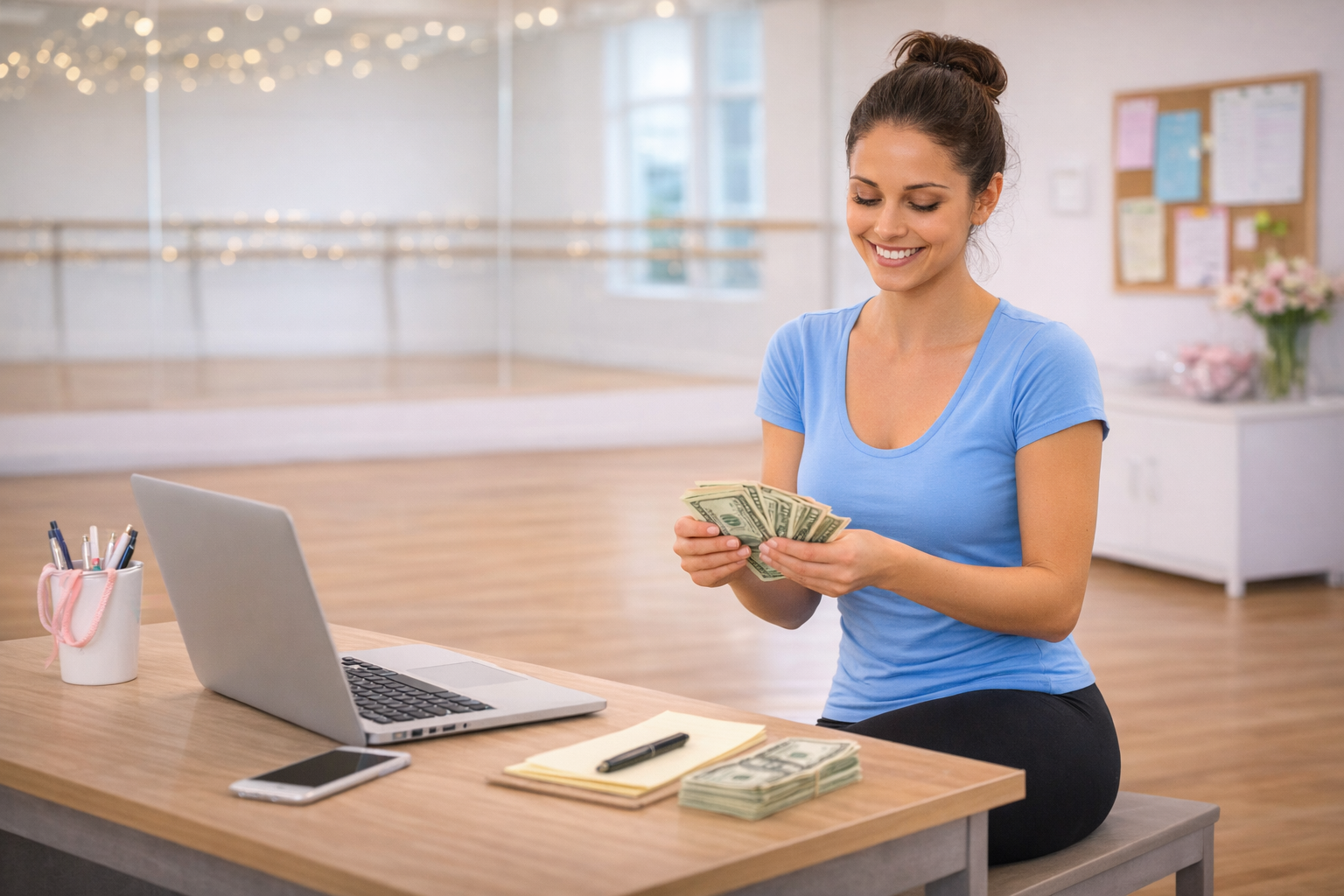 Dance studio owner counting increased money earned with the help of dance studio software